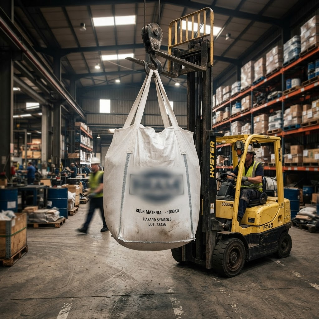 A white FIBC jumbo bag lifted by its loops with the brand label blurred out