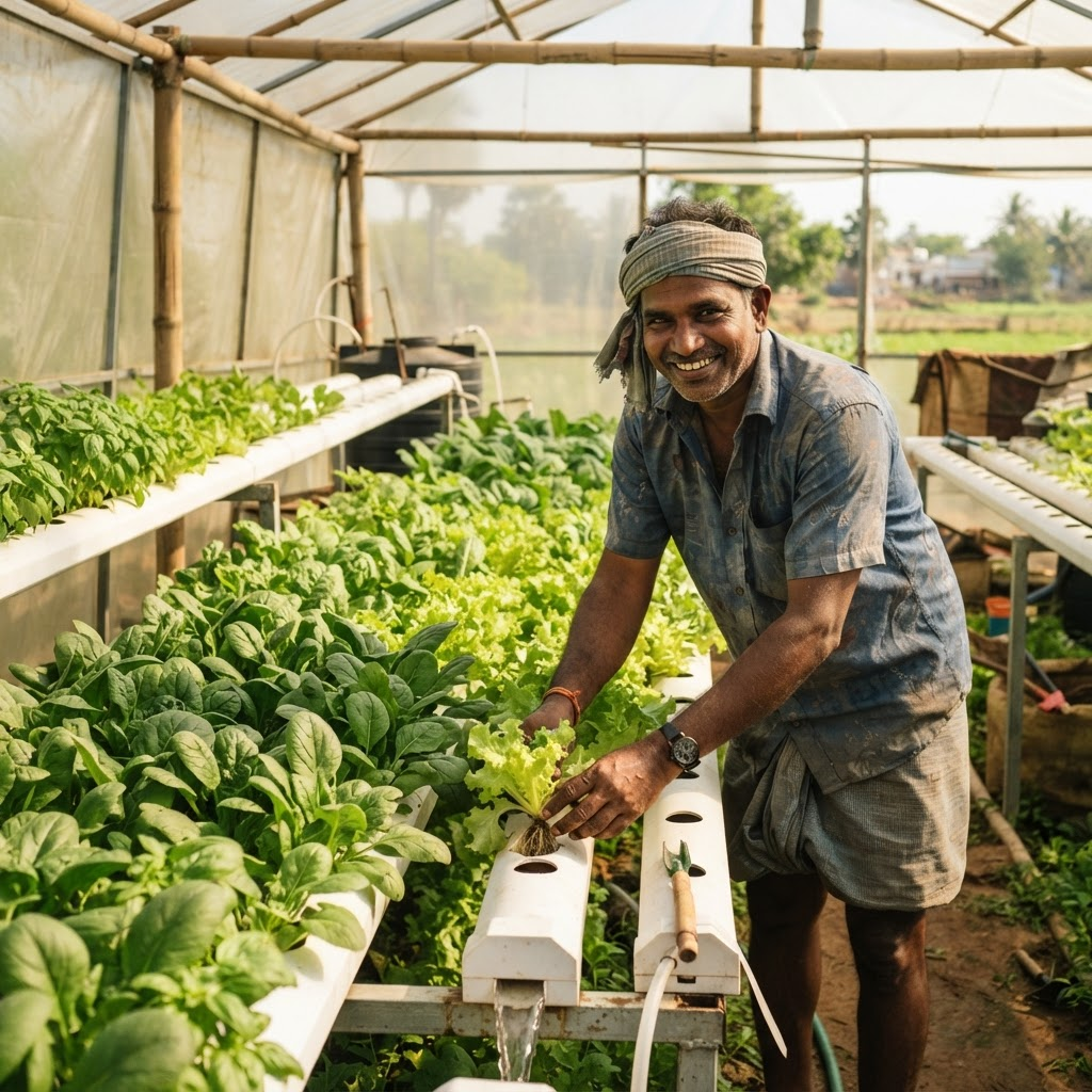 Leafy greens growing in a soil-free hydroponic greenhouse