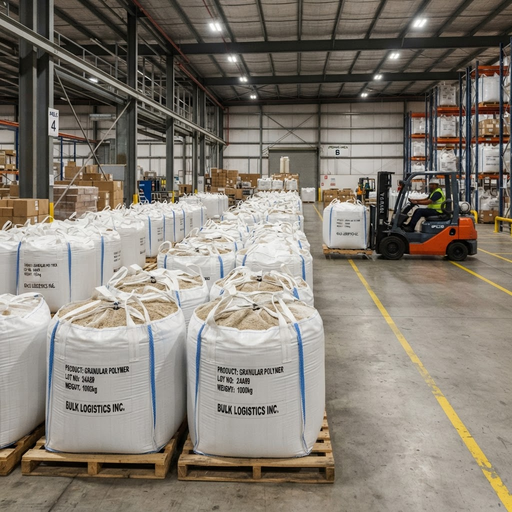 White FIBC bulk bags stacked in an industrial warehouse
