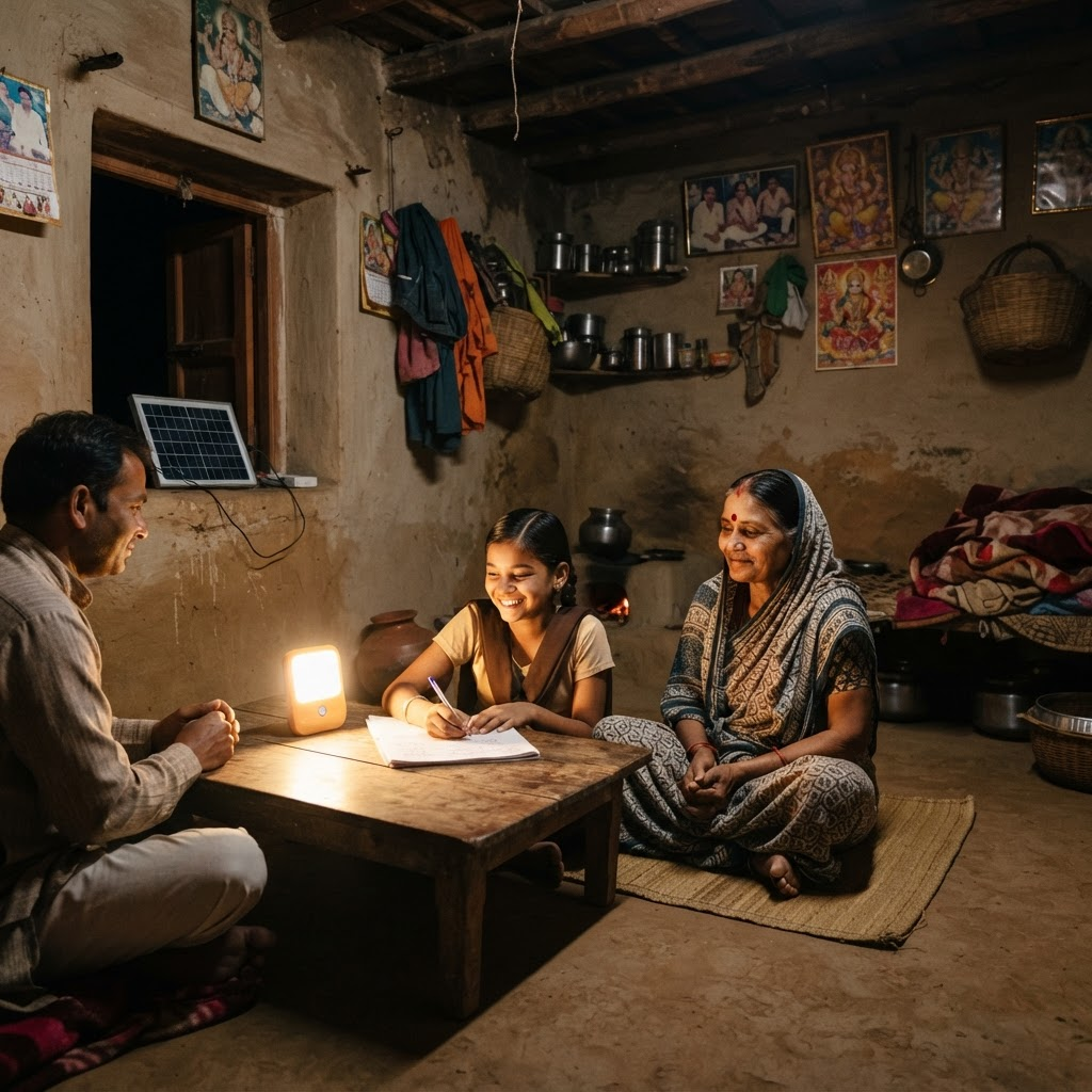 A rural home interior warmly lit by a solar-powered lamp at night