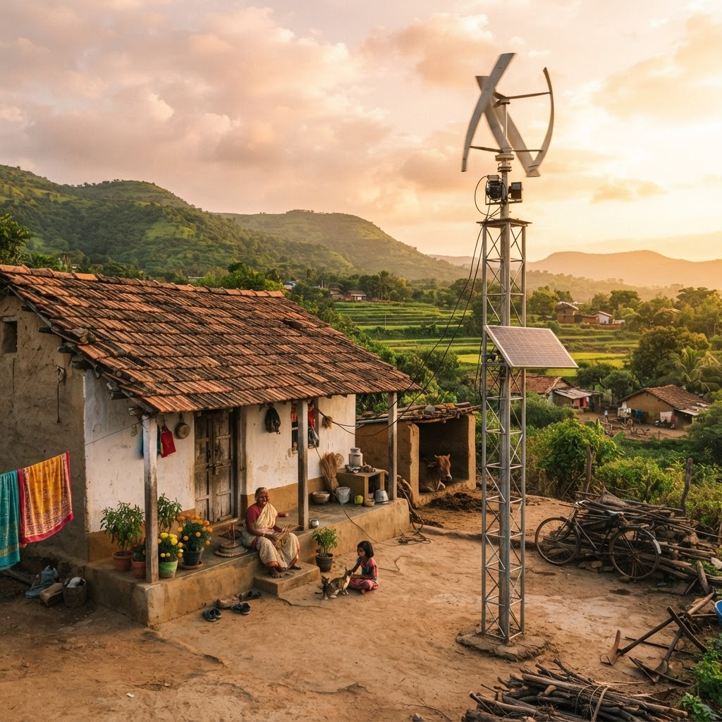 A small wind turbine beside a rural home at golden hour